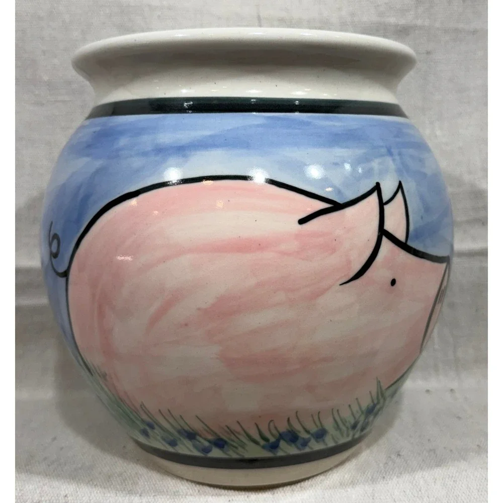 Karen Donleavy Stoneware Cookie Jar Hand Painted Pink Pig Studio Pottery 8x8
